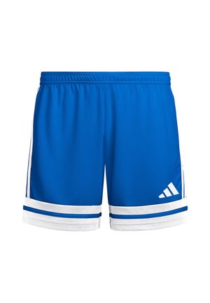 Blaue Sportsshorts mit weißen Streifen nahe dem Saum und einem weißen Logo am unteren rechten Bein, mit elastischem Bund.