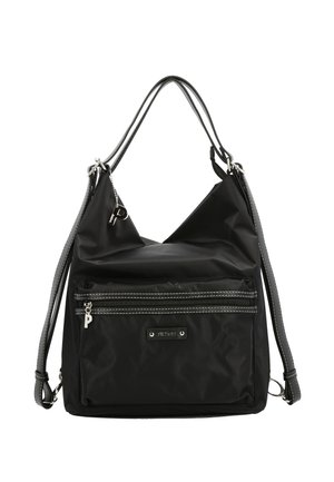 Schwarze Nylon-Schultertasche mit verstellbarem Träger, vordere Reißverschlusstasche, silbernen Reißverschlussanhängern und dezentem Markenlabel auf der Tasche.