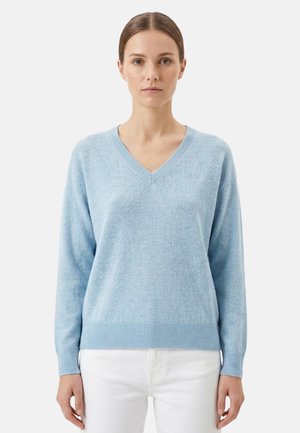 Donna con maglione azzurro chiaro a scollo a V e pantaloni bianchi, in piedi davanti a uno sfondo bianco uniforme.