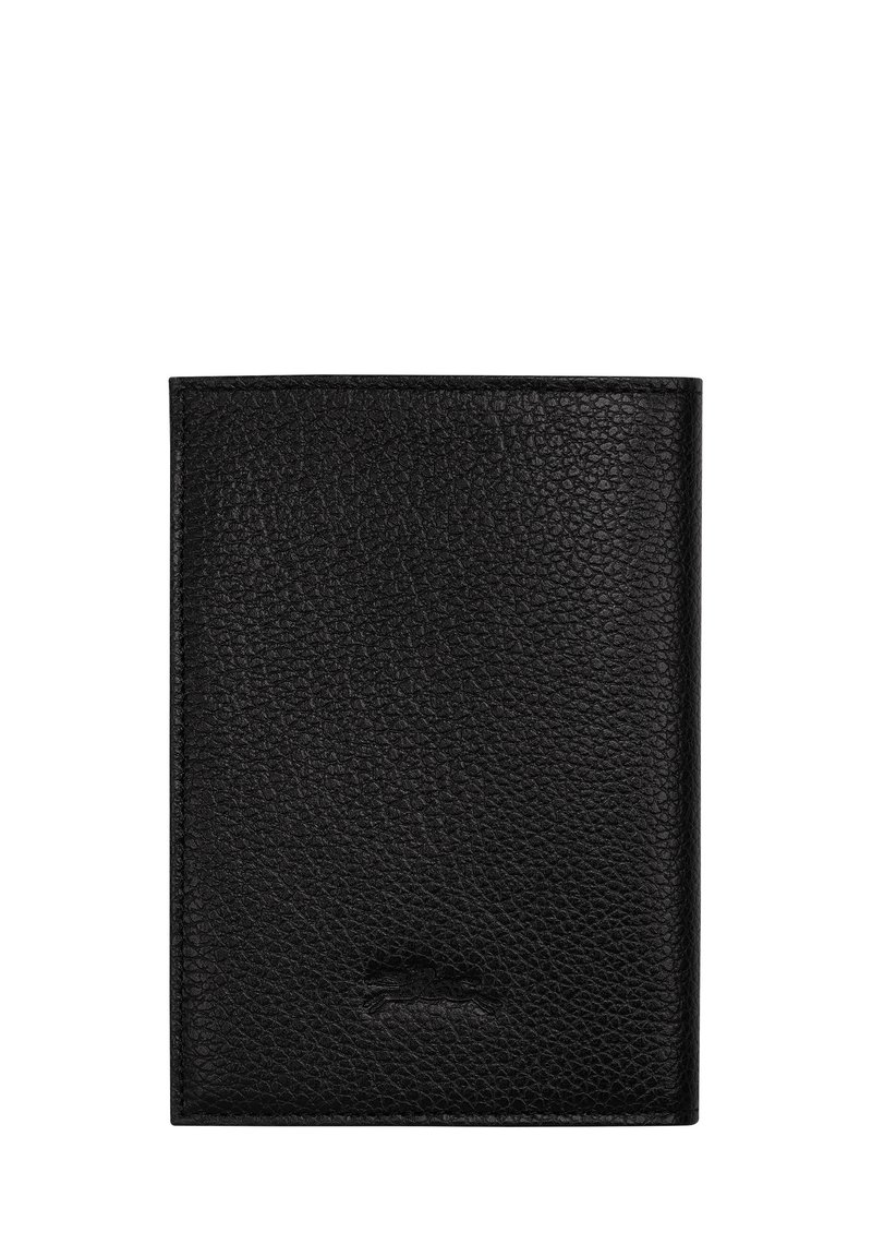 Black leather wallet with a textured finish, bi-fold design, rounded edges, and subtle branding embossed at the bottom.