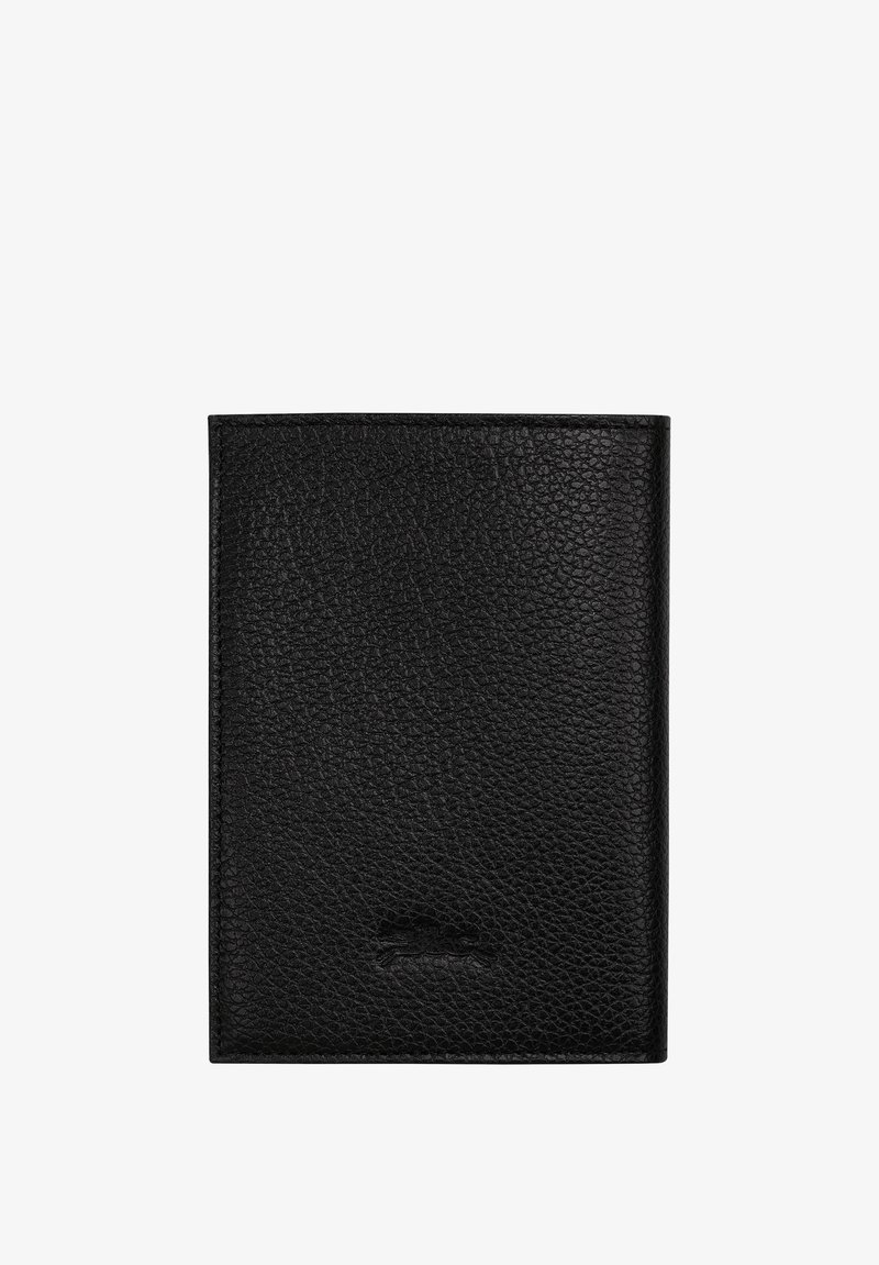 Black leather wallet with a textured finish, bi-fold design, rounded edges, and subtle branding embossed at the bottom.