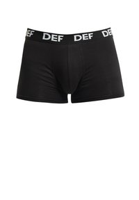 Black boxer shorts with an elastic waistband featuring the text "DEF" in white. Made from a smooth, stretchy fabric.