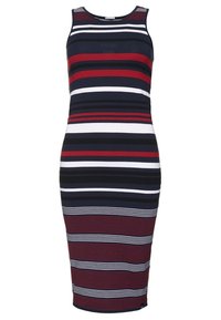 Raidallinen hihaton mekko, jossa on tummansiniset, punaiset ja valkoiset vaakaraitoja. Bodycon-muotoilu, joka ulottuu polveen, ja sileä kangaspinta.