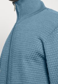 Maglione azzurro chiaro in maglia con collo alto, caratterizzato da un motivo strutturato e una cerniera corta. Tessuto morbido con una leggera lucentezza.