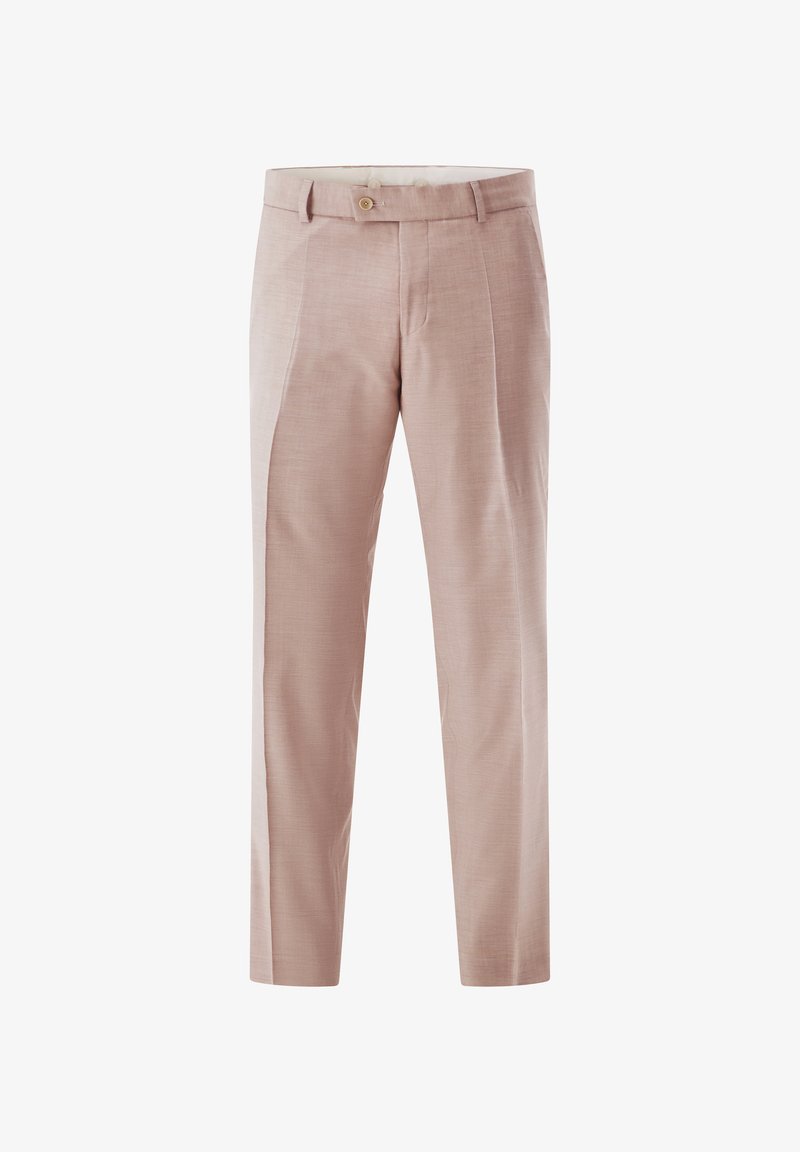 Helle rosa maßgeschneiderte Hosen aus gewebtem Stoff, mit flachem Bund, kontrastierendem Knopf und vorderen Taschen im Slim-Fit-Design.