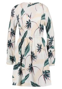 Blumenkleid mit V-Ausschnitt, langen Ärmeln und elastischem Bund. Hergestellt aus leichtem Stoff mit grünen Blättern auf einem sanften beigen Hintergrund.