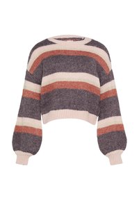 Häkelpullover mit weiten Ballonärmeln, cropped Design und mehrfarbigen horizontalen Streifen in Grau, Rost, Creme und Zartrosa.