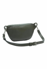 Borsa a tracolla verde in pelle con forma arrotondata, tracolla regolabile, accessori in argento e texture liscia. Presenta due accenti circolari sui lati.