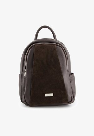 Brown leather backpack with a dark suede panel, rounded shape, silver hardware, front zip pocket, and top handle for carrying.
