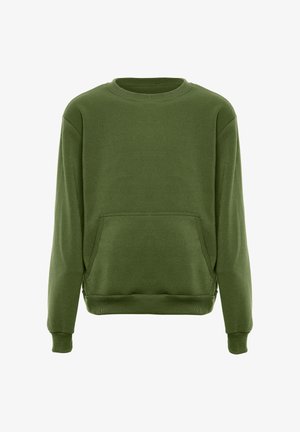 Olijf groene sweatshirt van zacht stof, met een ronde hals, lange mouwen, een voorzak en geribbelde manchetten en onderkant.