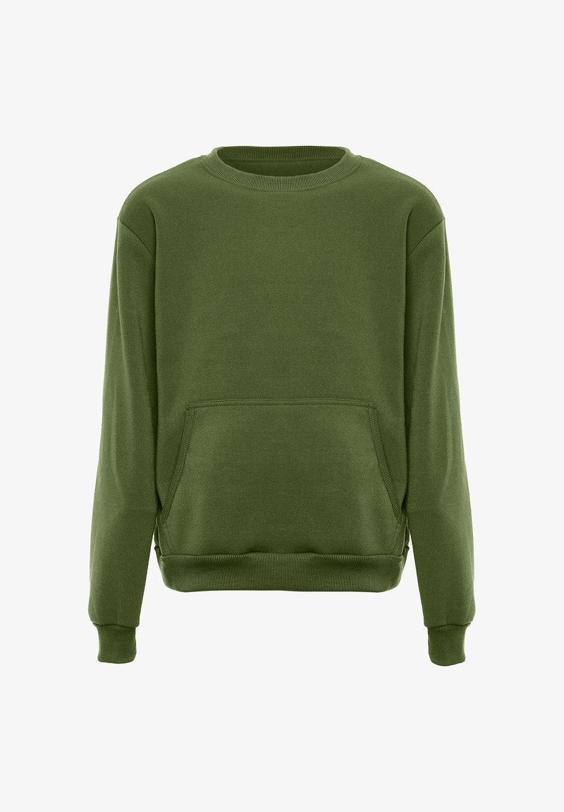 Olijf groene sweatshirt van zacht stof, met een ronde hals, lange mouwen, een voorzak en geribbelde manchetten en onderkant.