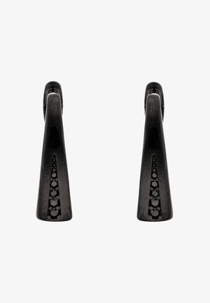 Een paar zwarte taps toelopende oorbellen met een verticale rij kleine zwarte stenen die in het midden zijn ingelegd.