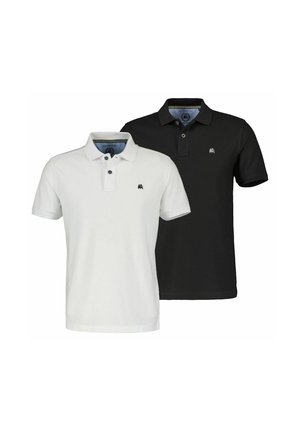 Two short-sleeve polo shirts, one white and one black, each with a small embroidered logo on the left chest and a buttoned collar.