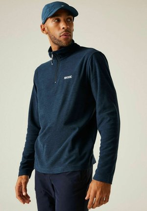 Man wearing a navy blue quarter-zip pullover and matching cap, looking sideways against a plain light background.