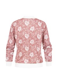Langærmet pink sweatshirt med hvidt blomstermønster, hvid krave og manchetter, vist bagfra.