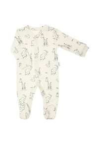Kombinezon dziecięcy w kremowym kolorze z wzorem zwierzęcym, przedstawiający konturowe słonie i żyrafy. Posiada długie rękawy, zapięcie na guziki z przodu oraz stopki.