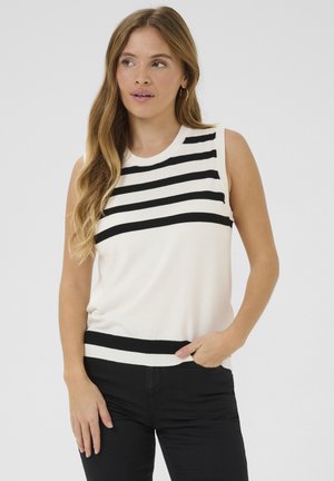 Sleeveless top in cream with bold black horizontal stripes, ribbed hem, soft texture, and fitted design. Ideal for casual wear.
