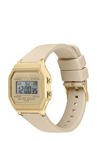 Montre numérique avec un boîtier carré doré, affichage LCD et bracelet en silicone beige. Résistante à l'eau jusqu'à 30 mètres.
