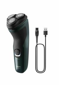 Rasoio elettrico Philips Serie 3000X in verde scuro, con manico nero testurizzato, tre lame circolari, pulsante di accensione e cavo di ricarica USB.