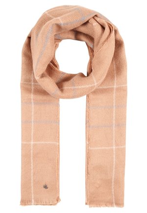 Écharpe marron clair avec un motif subtil à carreaux blancs et gris, texture douce et petits bords à franges, soigneusement bouclée au centre.