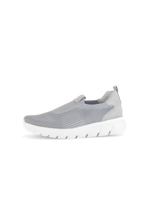 Gray slip-on sneaker with a mesh upper and suede accents, featuring a textured finish, white sole, and looped heel for easy wear.