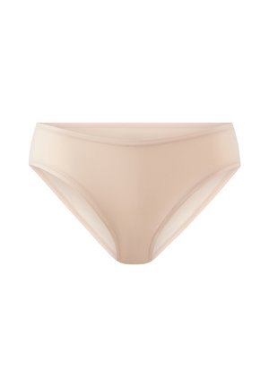 Beige high-waisted brief made of smooth fabric. Features a classic cut with minimal stitching and no visible seams. Soft texture.