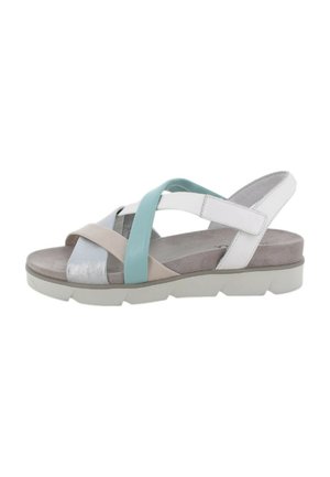Sandalo casual da donna con cinturini incrociati bianchi, beige, argento e turchese, plantare imbottito grigio e suola bianca con battistrada.