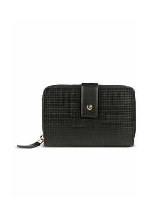 Schwarzes, strukturiertes Leder-Portemonnaie mit Druckknopflasche und einem Reißverschlussfach an der Seite.