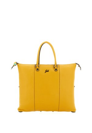 Borsa a mano in pelle gialla con due manici superiori, cursori delle cerniere neri e un piccolo logo decorativo al centro anteriore.