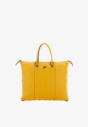 Borsa a mano in pelle gialla con due manici superiori, cursori delle cerniere neri e un piccolo logo decorativo al centro anteriore.
