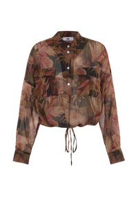 Afskåret bluse i gennemsigtigt stof med blomsterdesign i jordfarver. Inkluderer to brystlommer og en snoretræk i kanten.