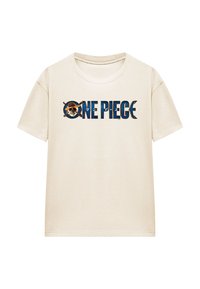 Cremfarbener Baumwoll-T-Shirt mit kurzen Ärmeln, mit dem Text "ONE PIECE" und einer Totenkopf-Grafik in blauen und braunen Akzenten.
