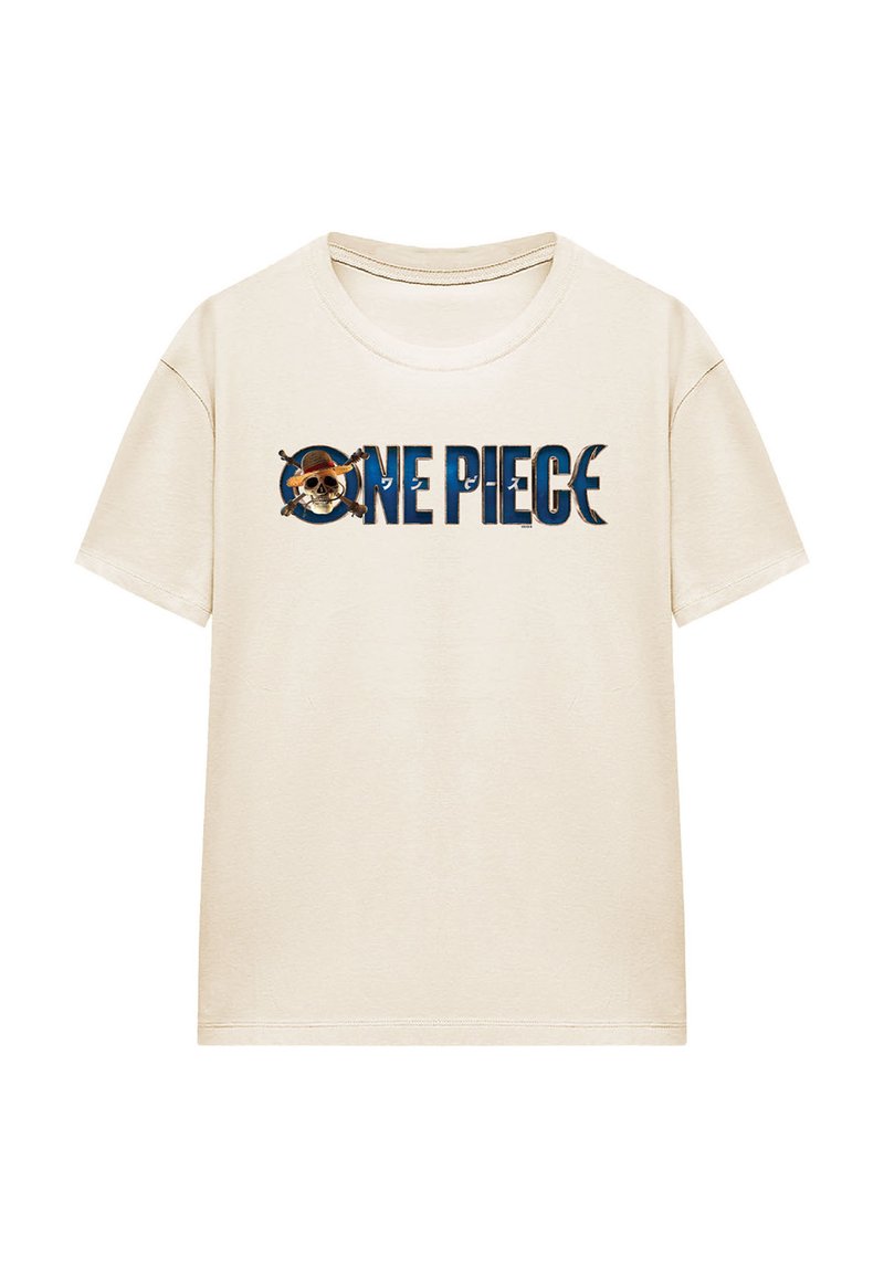 Cremfarbener Baumwoll-T-Shirt mit kurzen Ärmeln, mit dem Text "ONE PIECE" und einer Totenkopf-Grafik in blauen und braunen Akzenten.