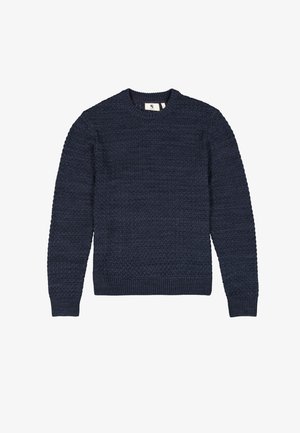 Marineblauer Strickpullover mit strukturiertem Muster, Rundhalsausschnitt und gerippten Bündchen und Saum. Hergestellt aus einem weichen, warmen Stoff.