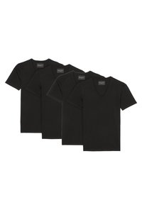 Vier zwarte T-shirts van katoen, met korte mouwen en een V-hals ontwerp. Minimalistische stijl zonder zichtbare patronen of accenten.