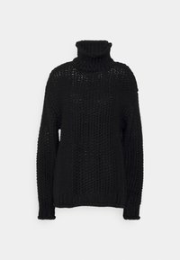 Schwarzer, gestrickter Pullover mit einem hohen, gerippten Kragen. Verfügt über ein lockeres, strukturiertes Design und lange Ärmel. Hergestellt aus dicker Wolle.