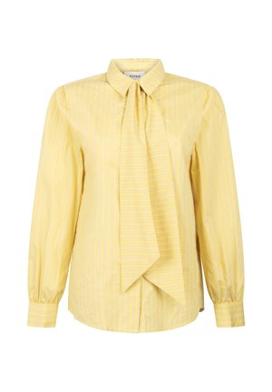 Geel gestreepte blouse met knoopsluiting aan de voorkant en een strikdetail. Beschikt over lange mouwen met gathered manchetten en een gladde stoftextuur.