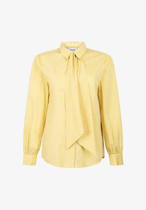 Geel gestreepte blouse met knoopsluiting aan de voorkant en een strikdetail. Beschikt over lange mouwen met gathered manchetten en een gladde stoftextuur.