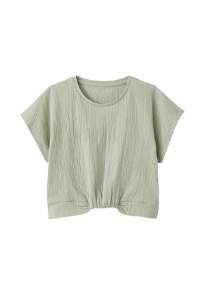 Hellgrünes, kurzärmliges, kurzes Oberteil mit rundem Ausschnitt und gerafftem Saum auf weißem Hintergrund.