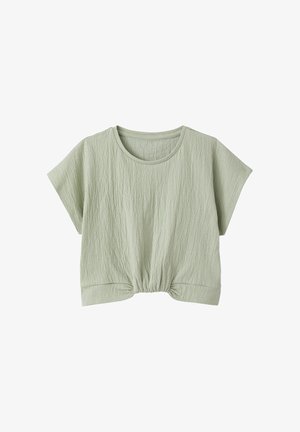 Light green short-sleeve cropped top with round neckline and gathered hem detailing on a white background.