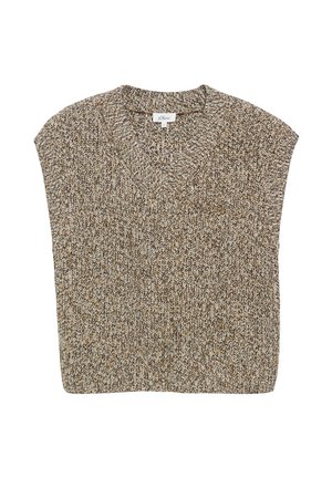 Gilet sans manches en maille avec col en V dans des tons mélangés de fil marron, beige et blanc, marque s.Oliver visible sur l'étiquette.