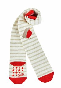 Gestreifte Kindersocken in Creme und Gold mit roten Akzenten. Mit einem Vogelmotiv und einer strukturierten Griffigkeit auf den roten Sohlen. Markenlabel enthalten.