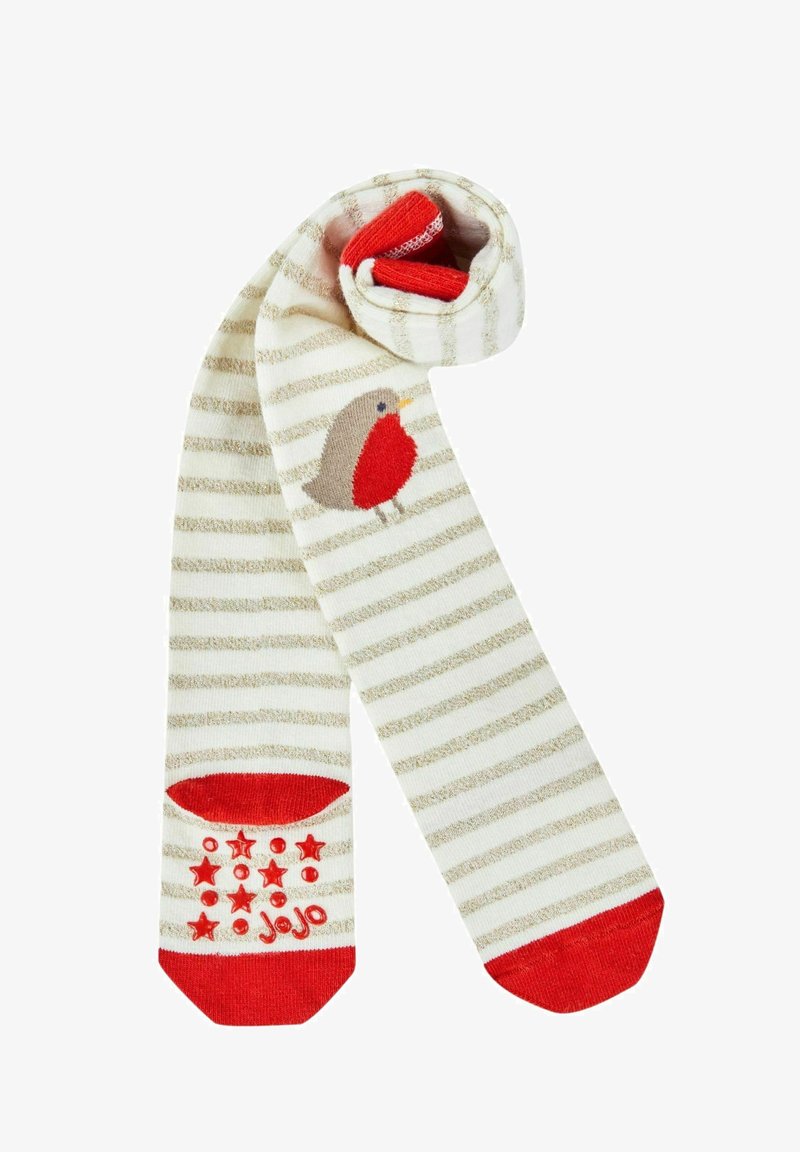Raidalliset lasten sukat kreemissä ja kultaisessa sävyssä punaisilla yksityiskohdilla. Sukissa on lintukuva ja teksturoitu pito punaisilla pohjilla. Mukana brändilogo.