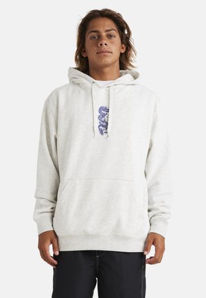 Light gray hoodie made of soft fabric, featuring a front pocket and drawstring hood. Includes a blue dragon graphic on the chest.