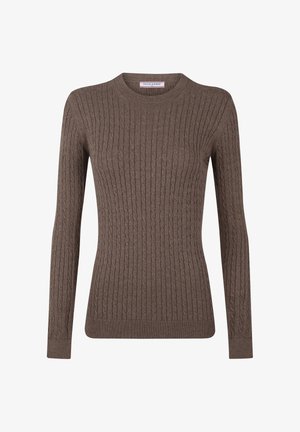 Brown cable-knit long-sleeve sweater with crew neck and ribbed cuffs and hem, displayed on a white background.