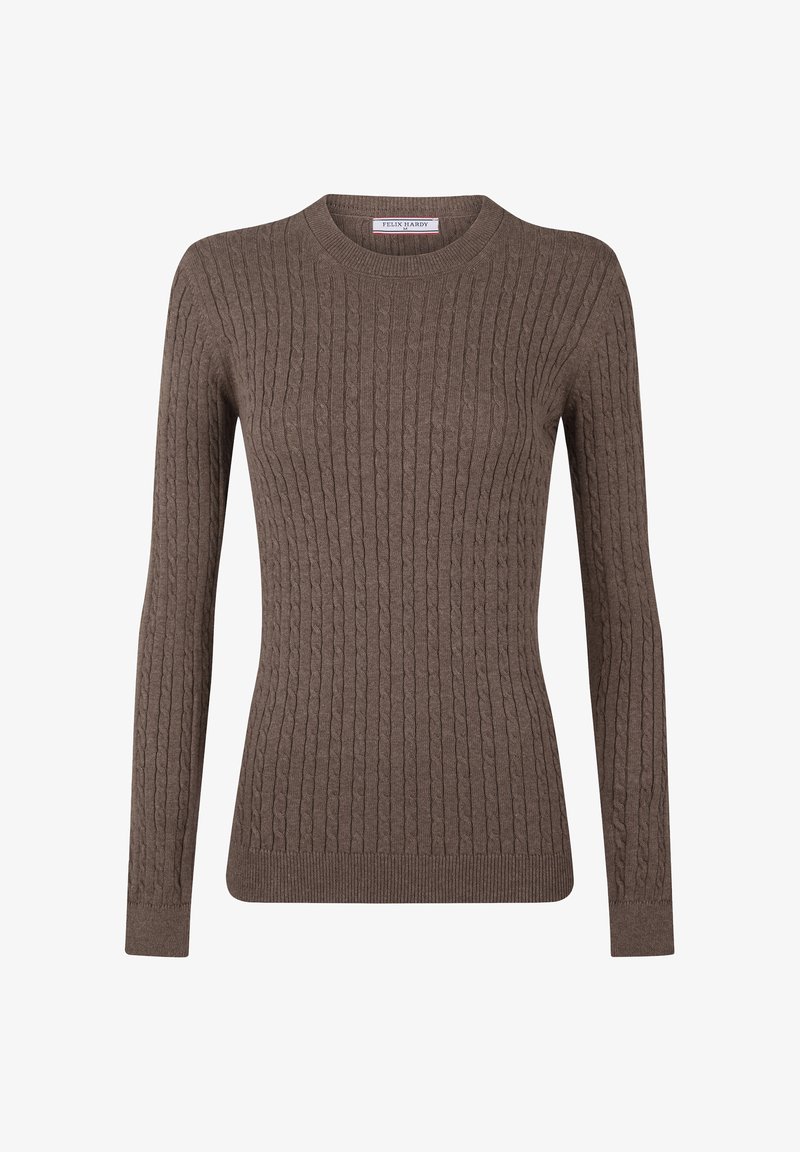 Pull marron à manches longues en maille torsadée avec col rond et poignets et ourlet côtelés, présenté sur un fond blanc.