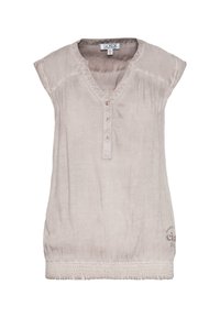 Helles beige ärmelloses Top mit V-Ausschnitt, geknöpftem Placket, gerafften Stoffdetails und elastischem Saum. Glatte Textur. Bestickte Akzente.