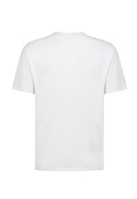 Weißes Baumwoll-T-Shirt, Rundhalsausschnitt, kurze Ärmel, schlichtes Design, glatte Textur, keine sichtbaren Logos oder Grafiken, Rückansicht gezeigt.