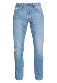 Světle modré džíny z denimu se střihovým provedením rovného nohavice, styl pět kapes, a knoflíkovým zapínáním. Mají jemné vyblednutí a detaily šití.