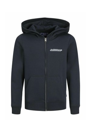 Felpa con zip di un blu navy scuro, realizzata in misto cotone, dotata di una tasca frontale, polsini a costine e un logo sulla parte sinistra del petto.